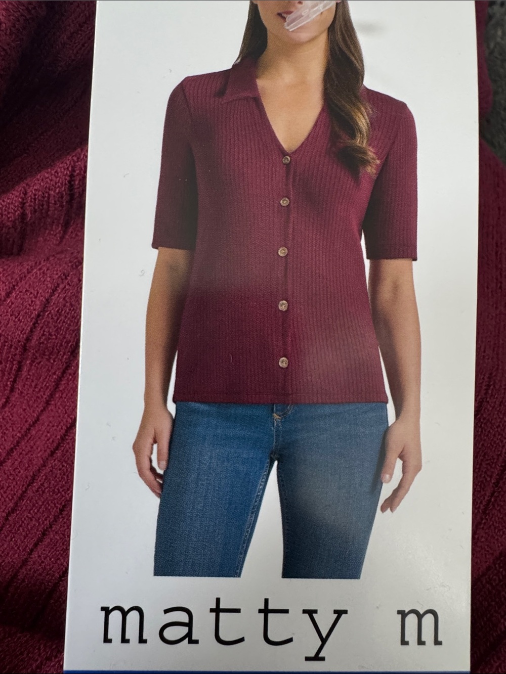 Matty M Ribbed Short Sleeve Button-Front Top - Burgundy